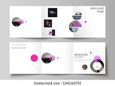 Vector layout of square format covers design templates for trifold brochure, flyer. Simple design futuristic concept. Creative background with pink circles and round shapes that form planets and stars