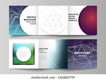 Vector layout of square format covers design templates for trifold brochure, flyer, magazine. 3d polygonal geometric modern design abstract background. Science or technology vector illustration.