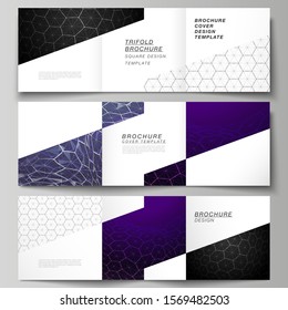 Vector layout of square format covers design templates for trifold brochure. Digital technology and big data concept with hexagons, connecting dots and lines, polygonal science medical background.