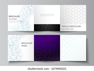 Vector layout of square format covers design templates for trifold brochure. Digital technology and big data concept with hexagons, connecting dots and lines, polygonal science medical background.