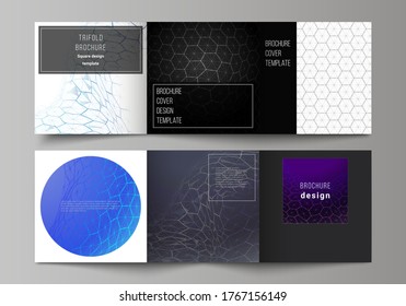 Vector layout of square format covers design templates for trifold brochure. Digital technology and big data concept with hexagons, connecting dots and lines, polygonal science medical background.