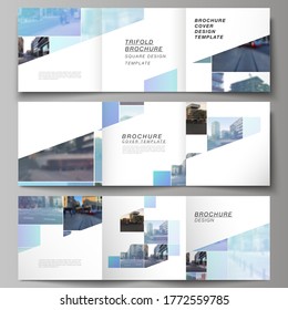 Vector layout of square format covers templates for trifold brochure, flyer, magazine, cover design, book design, brochure cover. Abstract design project in geometric style with blue squares.