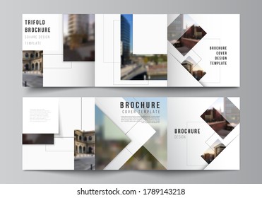 Vector layout of square format covers design templates with geometric simple shapes, lines and photo place for trifold brochure, flyer, magazine, cover design, book, brochure cover.