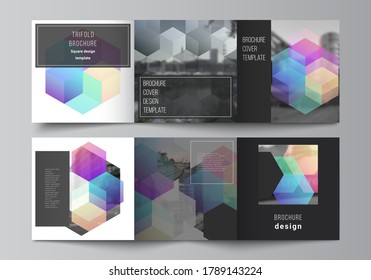 Vector layout of square format covers design templates with abstract shapes and colors for trifold brochure, flyer, magazine, cover design, book design, brochure cover.