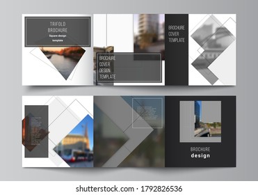 Vector layout of square format covers design templates with geometric simple shapes, lines and photo place for trifold brochure, flyer, magazine, cover design, book, brochure cover.