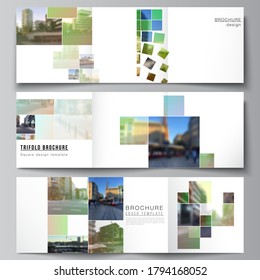Vector layout of square format covers design templates for trifold brochure, flyer, cover design, book design, brochure cover. Abstract project with clipping mask green squares for your photo