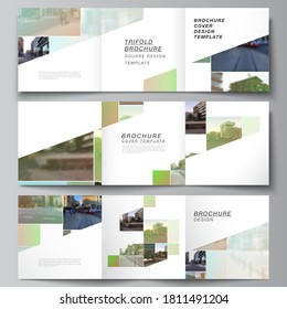 Vector layout of square format covers design templates for trifold brochure, flyer, cover design, book design, brochure cover. Abstract project with clipping mask green squares for your photo.