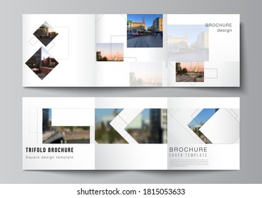 Vector layout of square format covers design templates with geometric simple shapes, lines and photo place for trifold brochure, flyer, magazine, cover design, book, brochure cover.