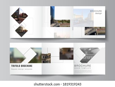 Vector layout of square format covers design templates with geometric simple shapes, lines and photo place for trifold brochure, flyer, magazine, cover design, book, brochure cover.