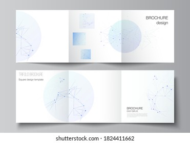 Vector layout of square format covers templates for trifold brochure, flyer, magazine, cover design, book design, brochure cover. Blue medical background with connecting lines and dots, plexus.