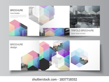 Vector layout of square format covers design templates with colorful hexagons, geometric shapes, tech background for trifold brochure, flyer, magazine, cover design, book design, brochure cover.