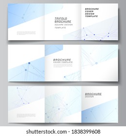 Vector layout of square format covers templates for trifold brochure, flyer, magazine, cover design, book design, brochure cover. Blue medical background with connecting lines and dots, plexus.