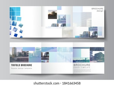 Vector layout of square format covers templates for trifold brochure, flyer, magazine, cover design, book design, brochure cover. Abstract design project in geometric style with blue squares.