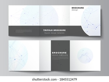 Vector layout of square format covers templates for trifold brochure, flyer, magazine, cover design, book design, brochure cover. Blue medical background with connecting lines and dots, plexus.