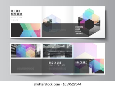 Vector layout of square format covers design templates with abstract shapes and colors for trifold brochure, flyer, magazine, cover design, book design, brochure cover.