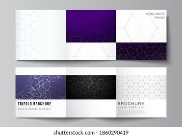 Vector layout of square format covers design templates for trifold brochure. Digital technology and big data concept with hexagons, connecting dots and lines, polygonal science medical background.