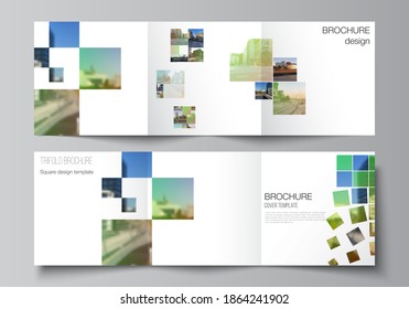 Vector layout of square format covers design templates for trifold brochure, flyer, cover design, book design, brochure cover. Abstract project with clipping mask green squares for your photo.