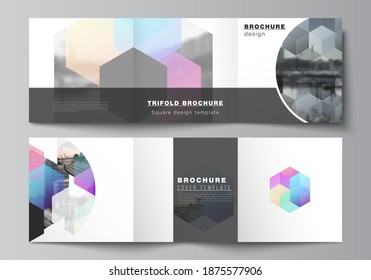 Vector layout of square format covers design templates with colorful hexagons, geometric shapes, tech background for trifold brochure, flyer, magazine, cover design, book design, brochure cover.