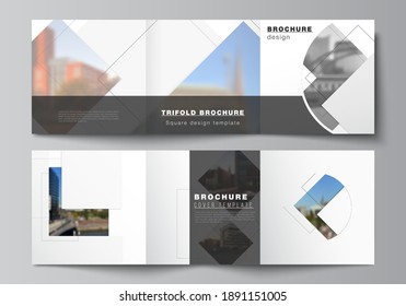 Vector layout of square format covers design templates with geometric simple shapes, lines and photo place for trifold brochure, flyer, magazine, cover design, book, brochure cover.