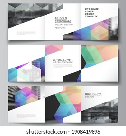 Vector layout of square format covers design templates with abstract shapes and colors for trifold brochure, flyer, magazine, cover design, book design, brochure cover.