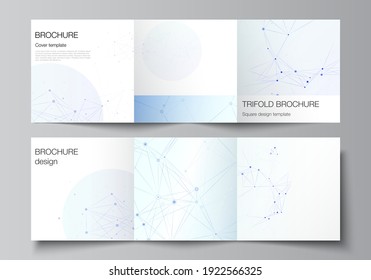 Vector layout of square format covers templates for trifold brochure, flyer, magazine, cover design, book design, brochure cover. Blue medical background with connecting lines and dots, plexus.