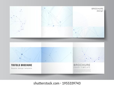 Vector layout of square format covers templates for trifold brochure, flyer, magazine, cover design, book design, brochure cover. Blue medical background with connecting lines and dots, plexus.