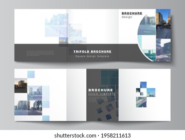 Vector layout of square format covers templates for trifold brochure, flyer, magazine, cover design, book design, brochure cover. Abstract design project in geometric style with blue squares.