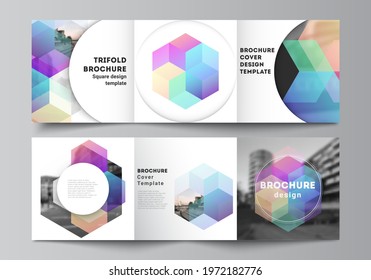 Vector layout of square format covers design templates with colorful hexagons, geometric shapes, tech background for trifold brochure, flyer, magazine, cover design, book design, brochure cover.