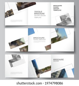 Vector layout of square format covers design templates with geometric simple shapes, lines and photo place for trifold brochure, flyer, magazine, cover design, book, brochure cover.