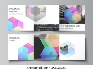 Vector layout of square format covers design templates with abstract shapes and colors for trifold brochure, flyer, magazine, cover design, book design, brochure cover.