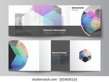 Vector layout of square format covers design templates with abstract shapes and colors for trifold brochure, flyer, magazine, cover design, book design, brochure cover.
