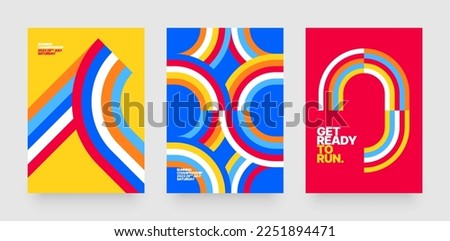 Vector layout template design for run, championship or sports event. Poster design with abstract running track on stadium with lane. Design for flyer, poster, cover, brochure, banner or any layout. Foto d'archivio © 