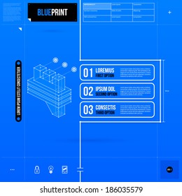 Vector layout with three numbered options and abstract isometric object in blueprint style. EPS10
