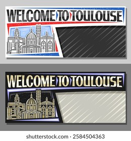 Vector layout for Toulouse with copy space, decorative ticket with line illustration of toulouse city scape on day and nighttime sky background, art design tourist card with words welcome to toulouse