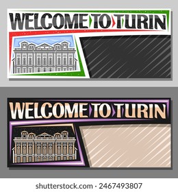 Vector layout for Turin with copy space, decorative coupon with line illustration of palazzo madama in turin, piazza castello on day sky background, art design tourist card with words welcome to turin