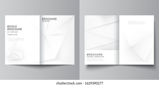 Vector layout of two A4 cover mockups design templates for bifold brochure, flyer, cover design, book design, brochure cover. Halftone dotted background with gray dots, abstract gradient background.
