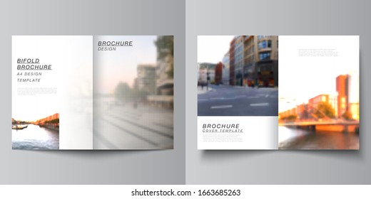 Vector layout of two A4 cover mockups design templates for bifold brochure, flyer, cover design, book design, brochure cover. Abstract halftone effect decoration with dots. Dotted pattern decoration.