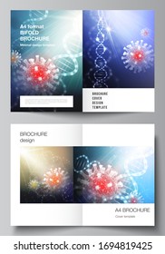 Vector layout of two A4 cover mockups templates for bifold brochure, flyer, magazine, cover design, book design. 3d medical background of corona virus. Covid 19, coronavirus infection. Virus concept.