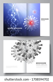 Vector layout of two A4 cover mockups templates for bifold brochure, flyer, magazine, cover design, book design. 3d medical background of corona virus. Covid 19, coronavirus infection. Virus concept.