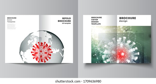 Vector layout of two A4 cover mockups templates for bifold brochure, flyer, magazine, cover design, book design. 3d medical background of corona virus. Covid 19, coronavirus infection. Virus concept.