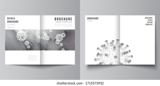 Vector layout of two A4 cover mockups templates for bifold brochure, flyer, magazine, cover design, book design. 3d medical background of corona virus. Covid 19, coronavirus infection. Virus concept.