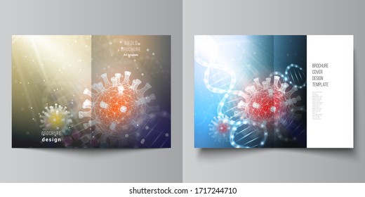 Vector layout of two A4 cover mockups templates for bifold brochure, flyer, magazine, cover design, book design. 3d medical background of corona virus. Covid 19, coronavirus infection. Virus concept.