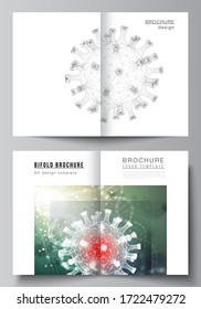 Vector layout of two A4 cover mockups templates for bifold brochure, flyer, magazine, cover design, book design. 3d medical background of corona virus. Covid 19, coronavirus infection. Virus concept.