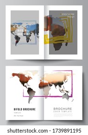 Vector layout of two A4 cover mockups templates for bifold brochure, flyer, cover design, book design, brochure cover. Design template in the form of world maps and colored frames, insert your photo.