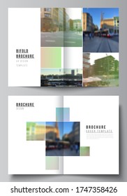 Vector layout of two A4 cover mockups design templates for bifold brochure, flyer, magazine, cover design, book design, brochure cover. Abstract project with clipping mask green squares for your photo