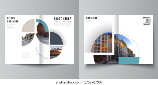 Vector layout of two A4 cover mockups design template for bifold brochure, flyer, cover design, book, brochure cover. Background with abstract circle round banners. Corporate business concept template