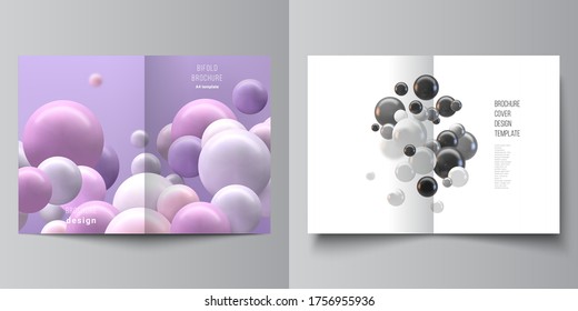Vector layout of two A4 cover mockup templates for bifold brochure, flyer, magazine, cover design, book design. Abstract vector futuristic background with colorful 3d spheres, glossy bubbles, balls.