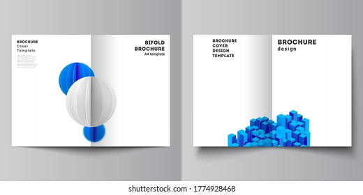 Vector layout of two A4 cover mockups templates for bifold brochure, flyer, magazine, cover design, book design. 3d render vector composition with dynamic realistic geometric blue shapes in motion