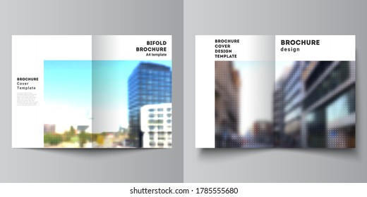 Vector layout of two A4 cover mockups design templates for bifold brochure, flyer, cover design, book design, brochure cover. Abstract halftone effect decoration with dots. Dotted pattern decoration.