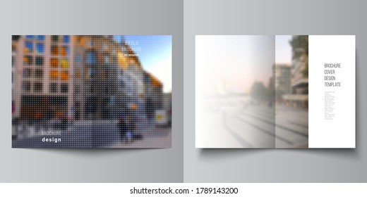 Vector layout of two A4 cover mockups design templates for bifold brochure, flyer, cover design, book design, brochure cover. Abstract halftone effect decoration with dots. Dotted pattern decoration.